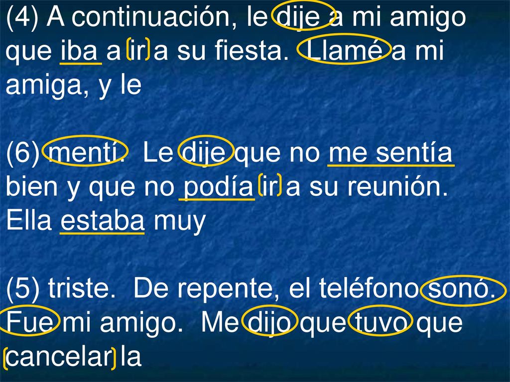 (4) A continuación, le dije a mi amigo que iba a ir a su fiesta