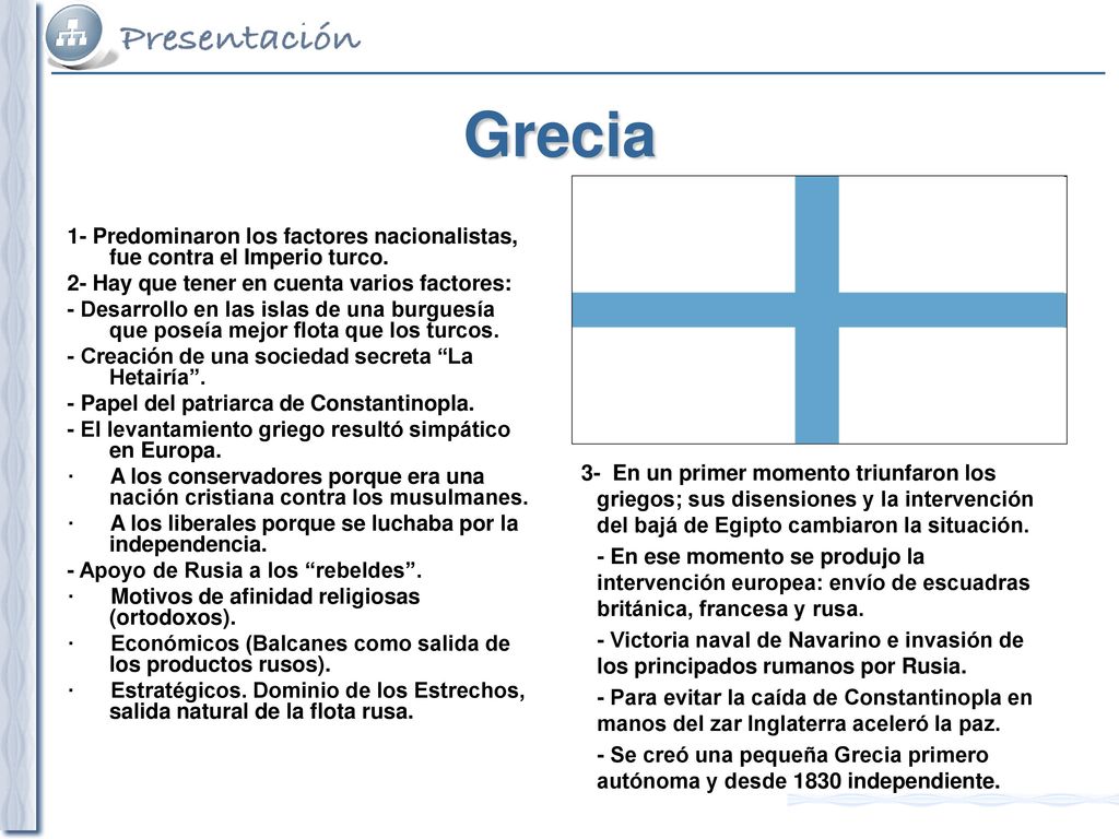 Grecia 1- Predominaron los factores nacionalistas, fue contra el Imperio turco. 2- Hay que tener en cuenta varios factores: