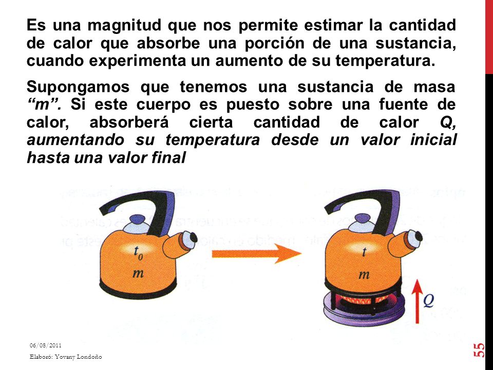 Es una magnitud que nos permite estimar la cantidad de calor que absorbe una porción de una sustancia, cuando experimenta un aumento de su temperatura. Supongamos que tenemos una sustancia de masa m . Si este cuerpo es puesto sobre una fuente de calor, absorberá cierta cantidad de calor Q, aumentando su temperatura desde un valor inicial hasta una valor final