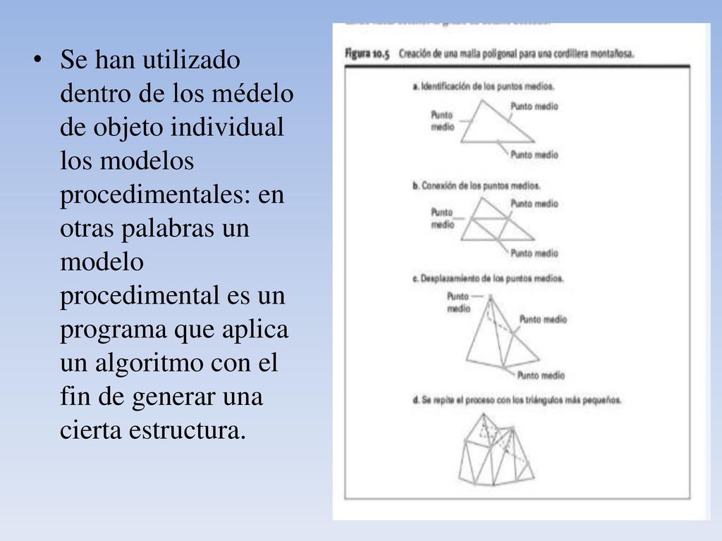 Se han utilizado dentro de los médelo de objeto individual los modelos procedimentales: en otras palabras un modelo procedimental es un programa que aplica un algoritmo con el fin de generar una cierta estructura.