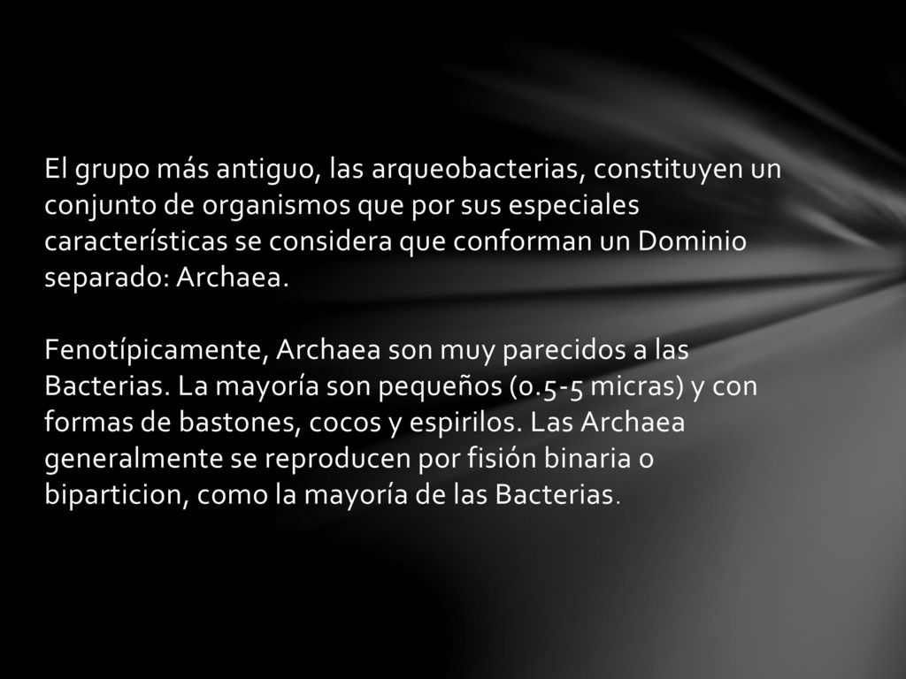 El grupo más antiguo, las arqueobacterias, constituyen un conjunto de organismos que por sus especiales características se considera que conforman un Dominio separado: Archaea.