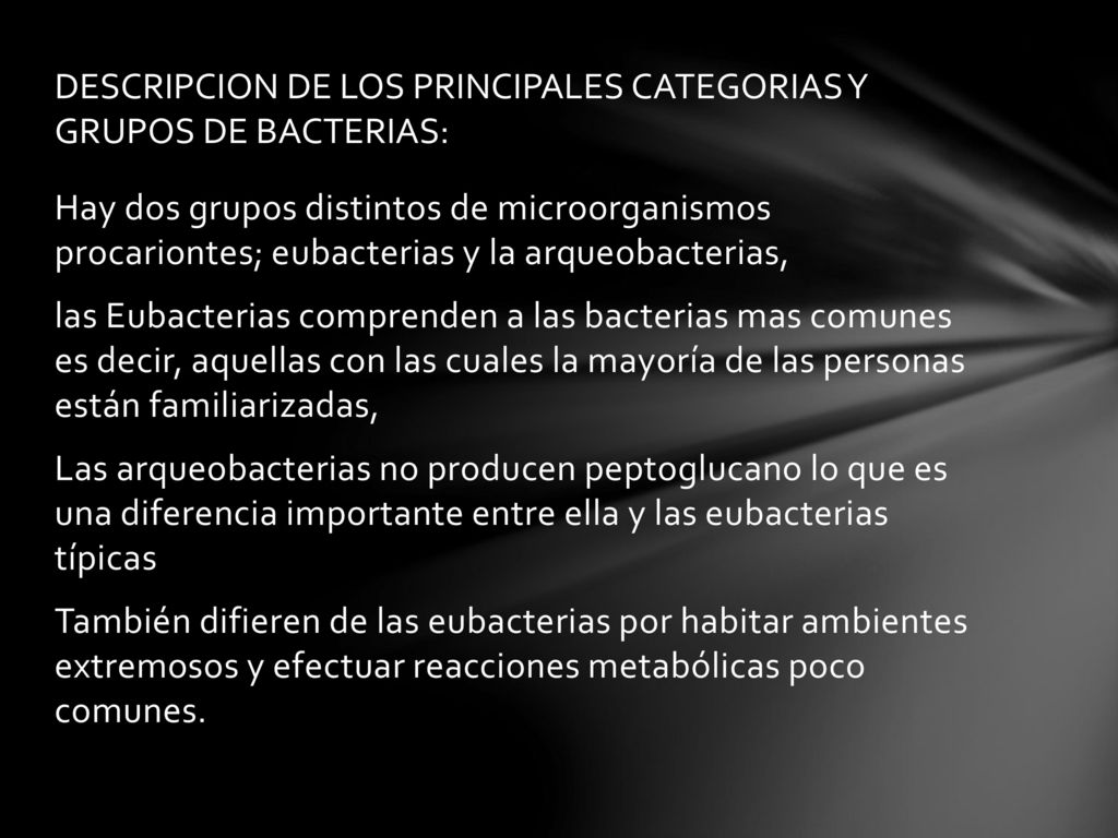 DESCRIPCION DE LOS PRINCIPALES CATEGORIAS Y GRUPOS DE BACTERIAS: