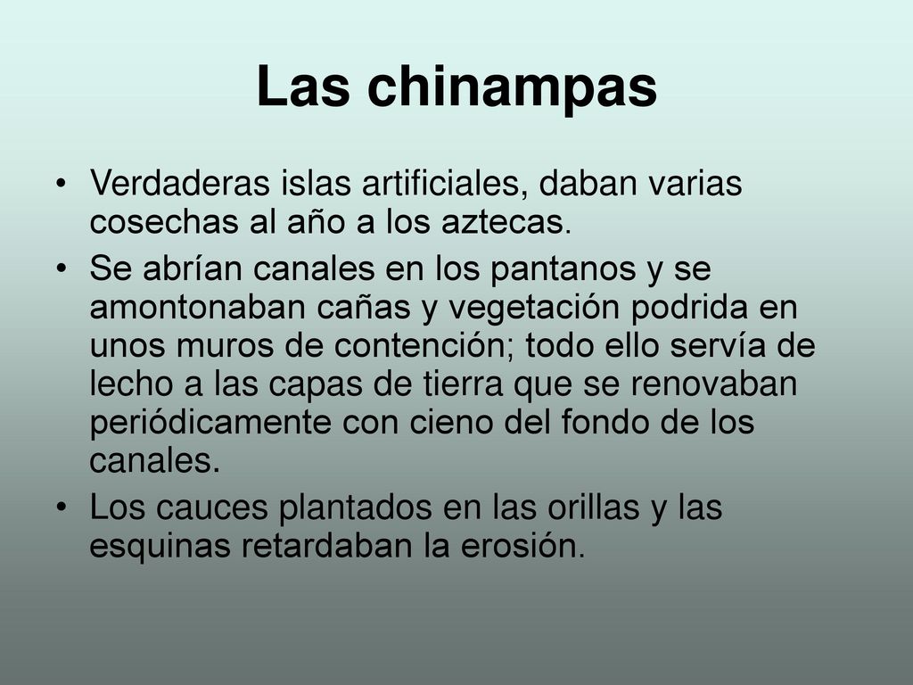 Las chinampas Verdaderas islas artificiales, daban varias cosechas al año a los aztecas.