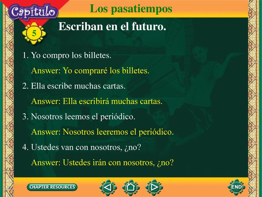 Los pasatiempos Escriban en el futuro. 1. Yo compro los billetes.