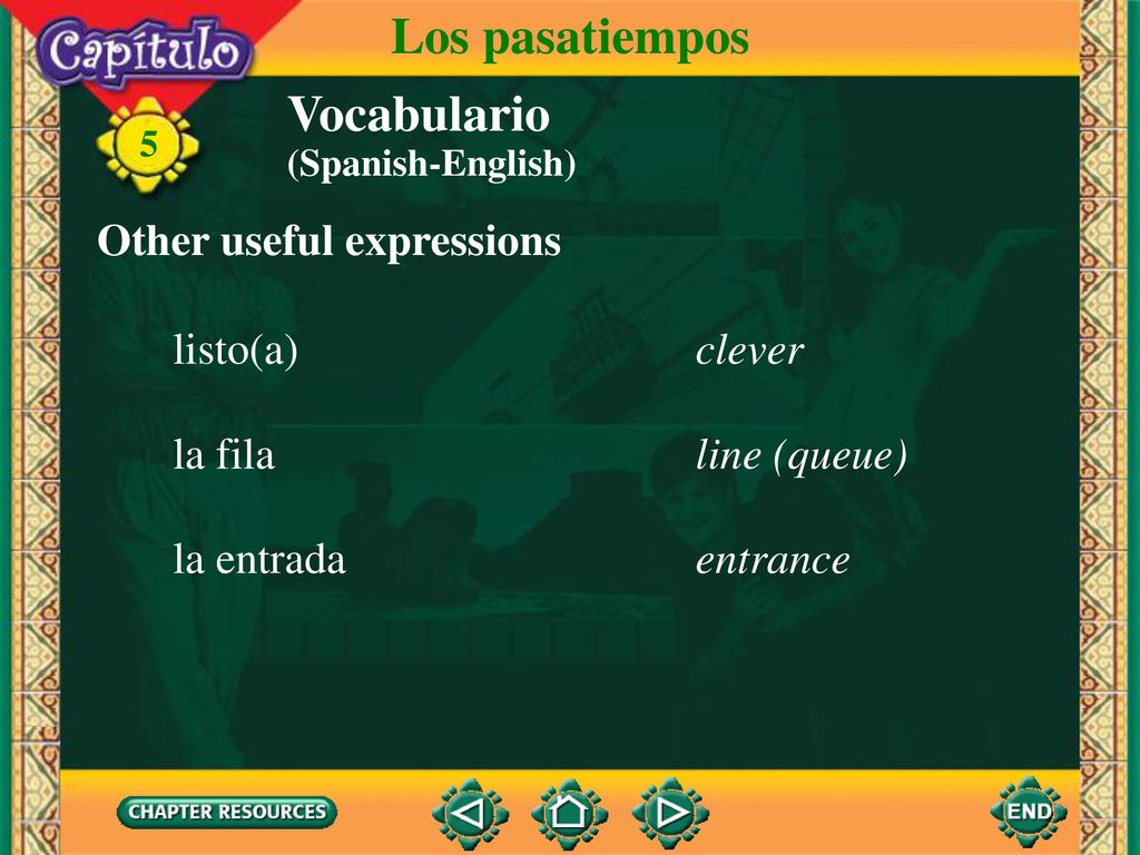 Los pasatiempos Vocabulario Other useful expressions listo(a) clever