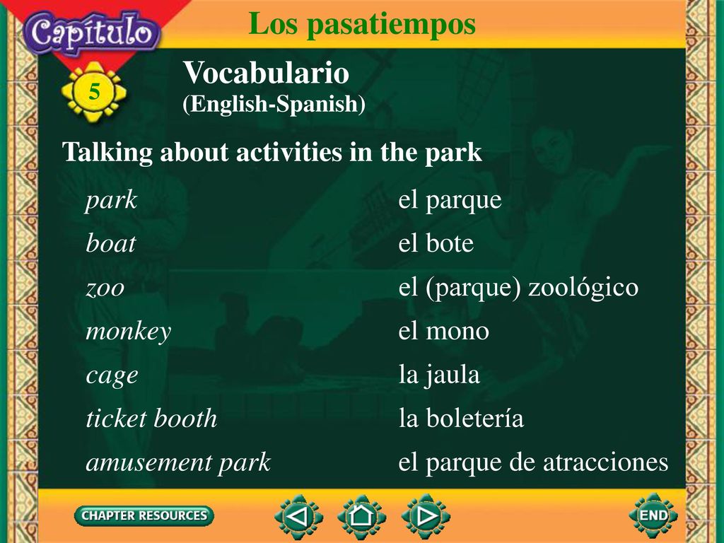 Los pasatiempos Vocabulario Talking about activities in the park park