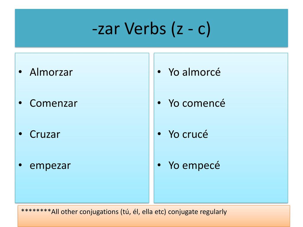 -zar Verbs (z - c) Almorzar Comenzar Cruzar empezar Yo almorcé