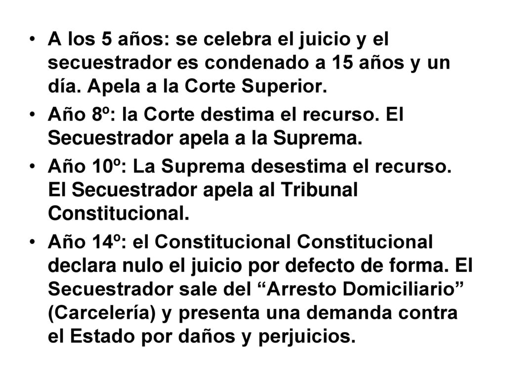 A los 5 años: se celebra el juicio y el secuestrador es condenado a 15 años y un día. Apela a la Corte Superior.
