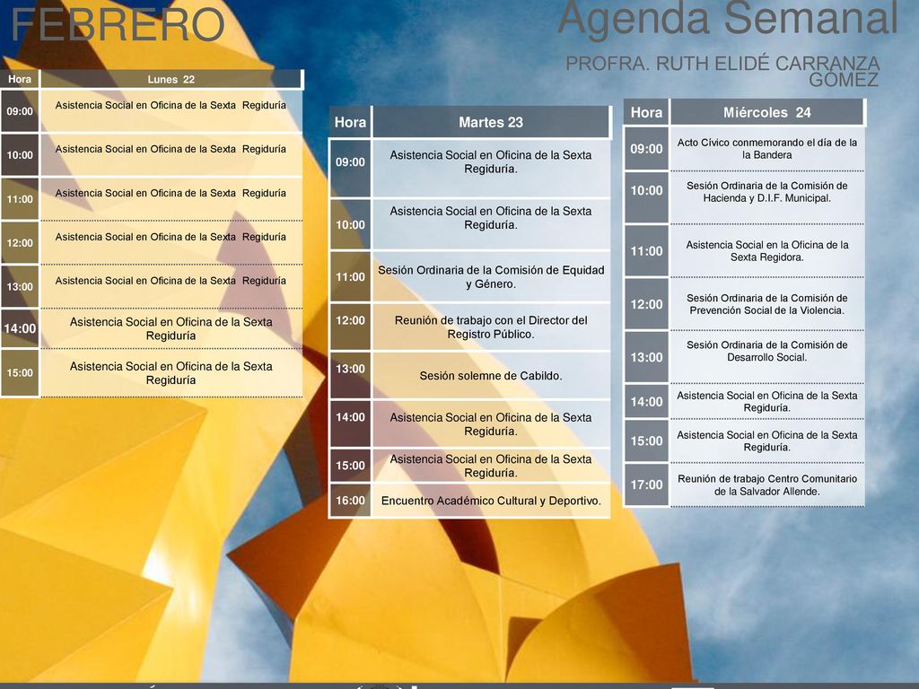 Agenda Semanal FEBRERO Cabildo Torreón PROFRA. RUTH ELIDÉ CARRANZA
