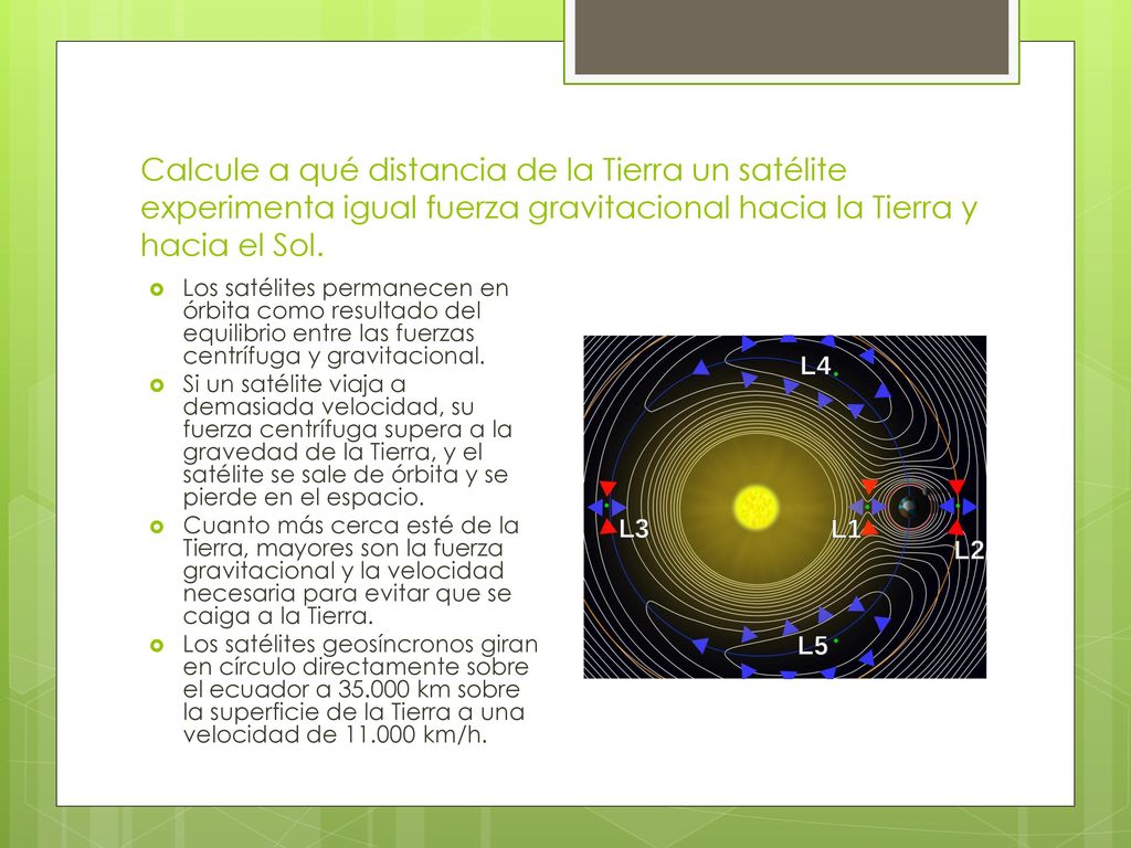 Calcule a qué distancia de la Tierra un satélite experimenta igual fuerza gravitacional hacia la Tierra y hacia el Sol.