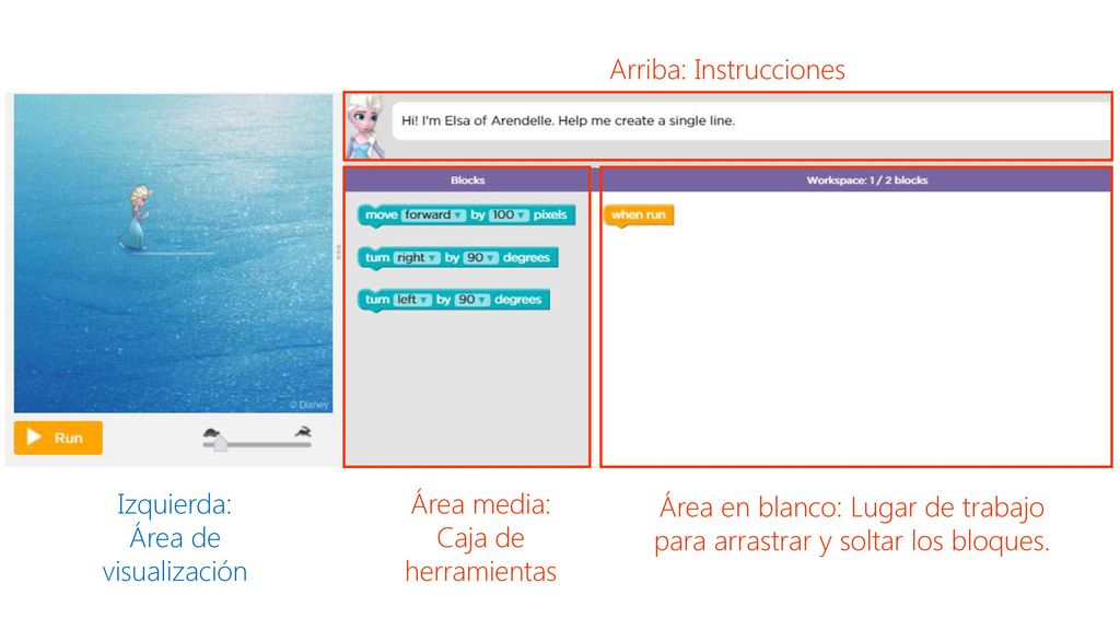 Área en blanco: Lugar de trabajo para arrastrar y soltar los bloques.