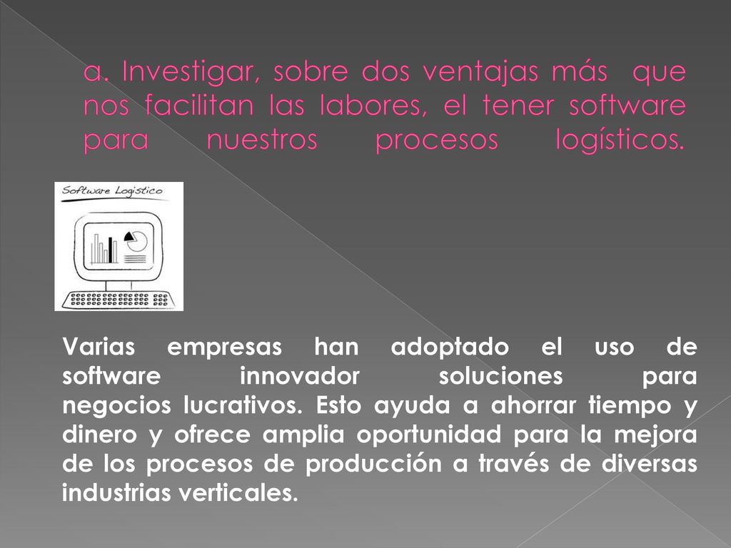 a. Investigar, sobre dos ventajas más que nos facilitan las labores, el tener software para nuestros procesos logísticos.