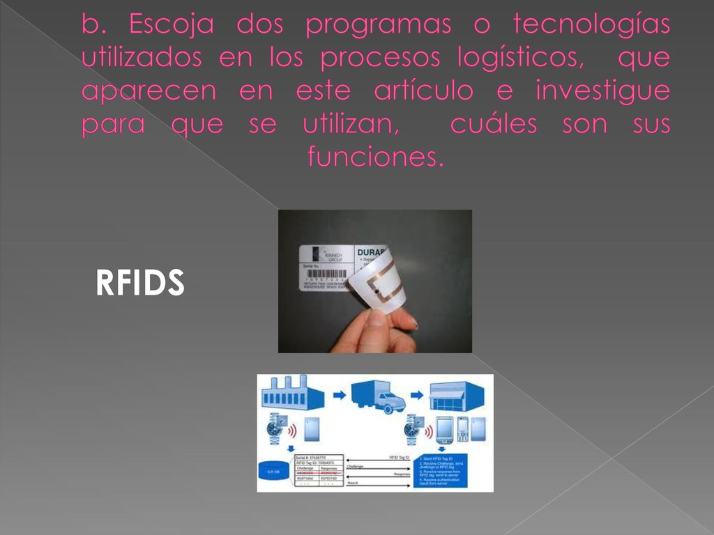 b. Escoja dos programas o tecnologías utilizados en los procesos logísticos, que aparecen en este artículo e investigue para que se utilizan, cuáles son sus funciones.