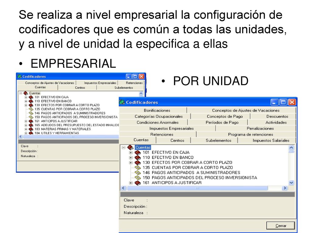 Se realiza a nivel empresarial la configuración de codificadores que es común a todas las unidades, y a nivel de unidad la especifica a ellas