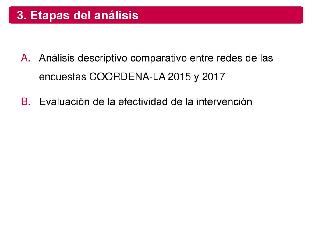 3. Etapas del análisis Análisis descriptivo comparativo entre redes de las encuestas COORDENA-LA 2015 y