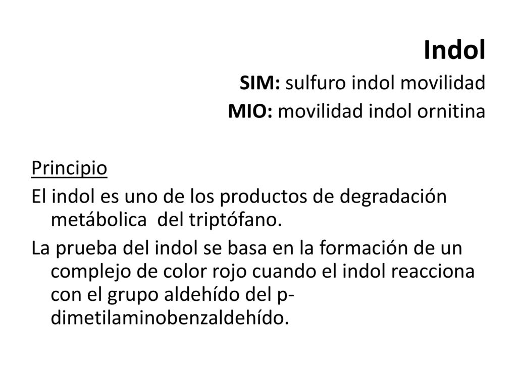 Indol SIM: sulfuro indol movilidad MIO: movilidad indol ornitina