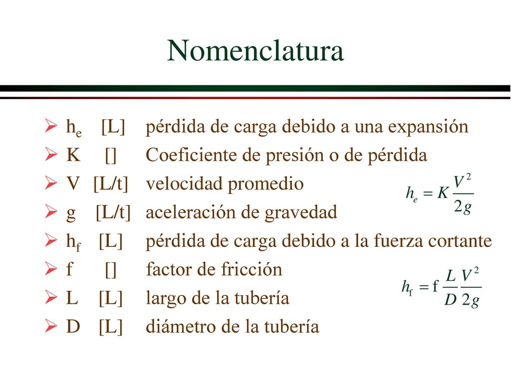 Nomenclatura he [L] pérdida de carga debido a una expansión