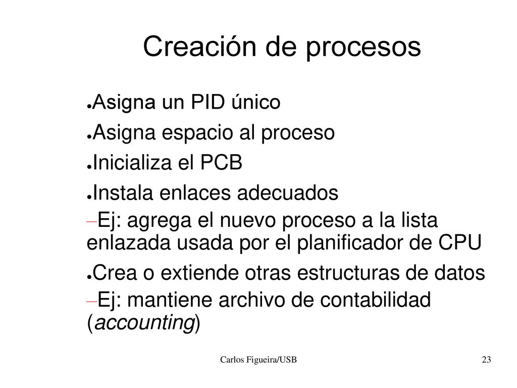 Creación de procesos Asigna un PID único Asigna espacio al proceso
