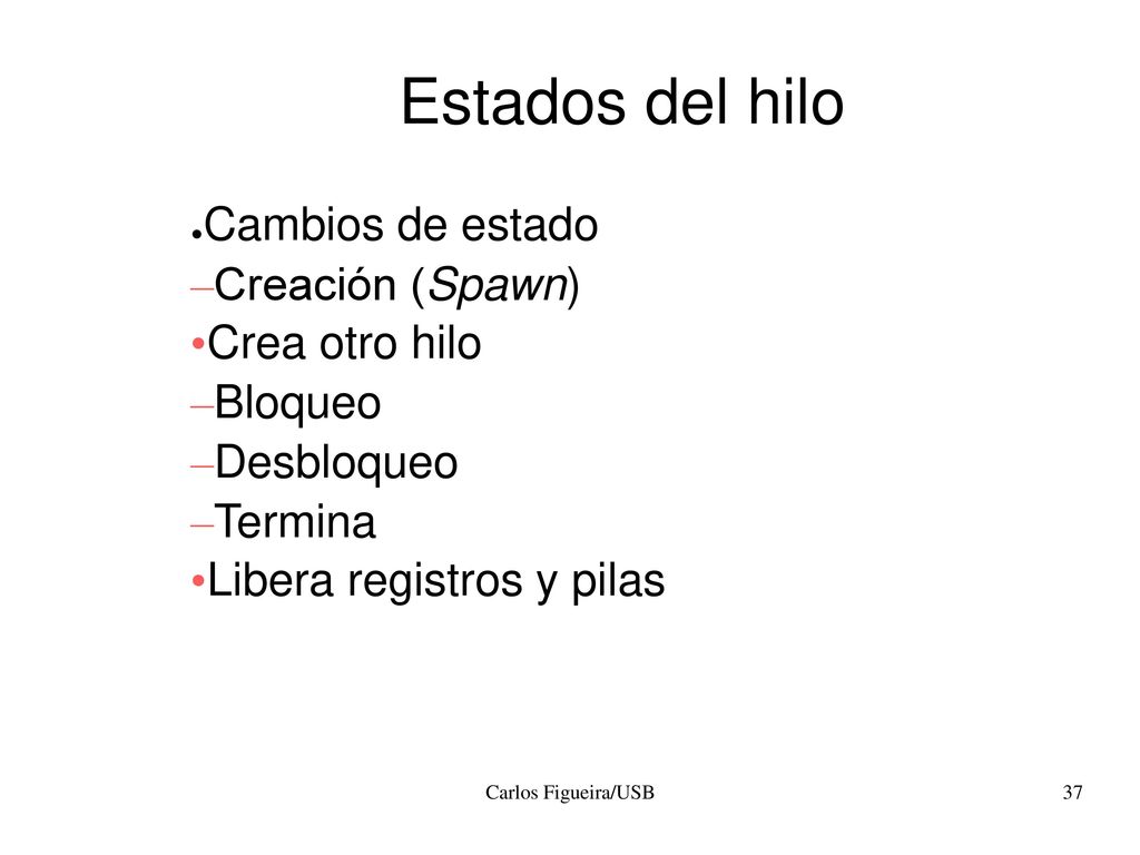 Estados del hilo Cambios de estado Creación (Spawn) Crea otro hilo