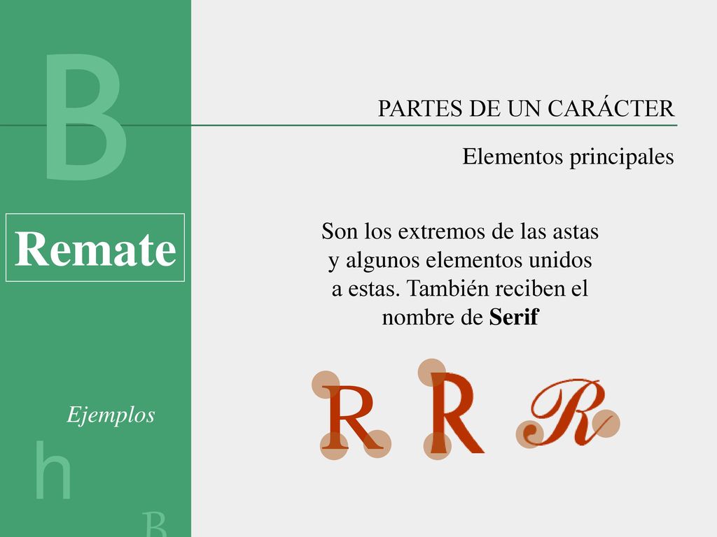 R h B Remate PARTES DE UN CARÁCTER Elementos principales