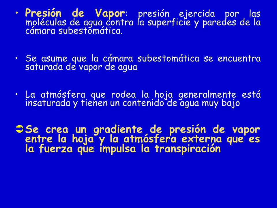 Presión de Vapor: presión ejercida por las moléculas de agua contra la superficie y paredes de la cámara subestomática.