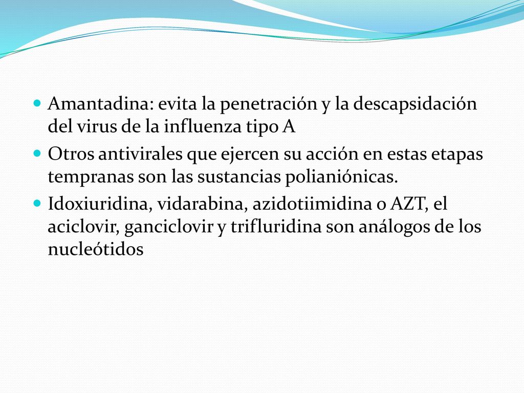 Amantadina: evita la penetración y la descapsidación del virus de la influenza tipo A