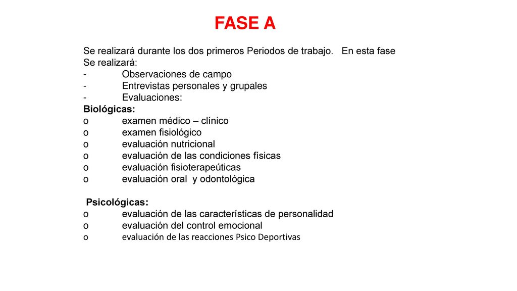 FASE A Se realizará durante los dos primeros Periodos de trabajo. En esta fase. Se realizará: - Observaciones de campo.