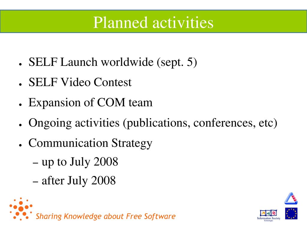 Planned activities SELF Launch worldwide (sept. 5) SELF Video Contest