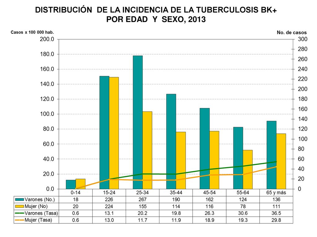 DISTRIBUCIÓN DE LA INCIDENCIA DE LA TUBERCULOSIS BK+ POR EDAD Y SEXO, 2013
