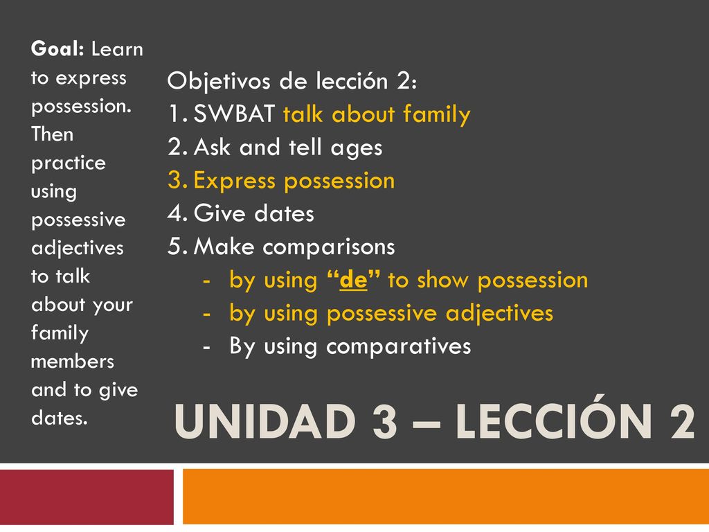 Unidad 3 – Lección 2 Objetivos de lección 2: SWBAT talk about family