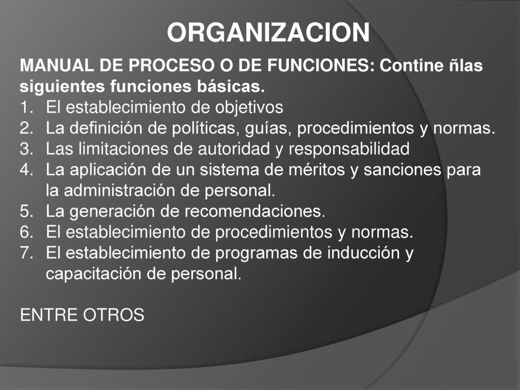 ORGANIZACION MANUAL DE PROCESO O DE FUNCIONES: Contine ñlas siguientes funciones básicas. El establecimiento de objetivos.