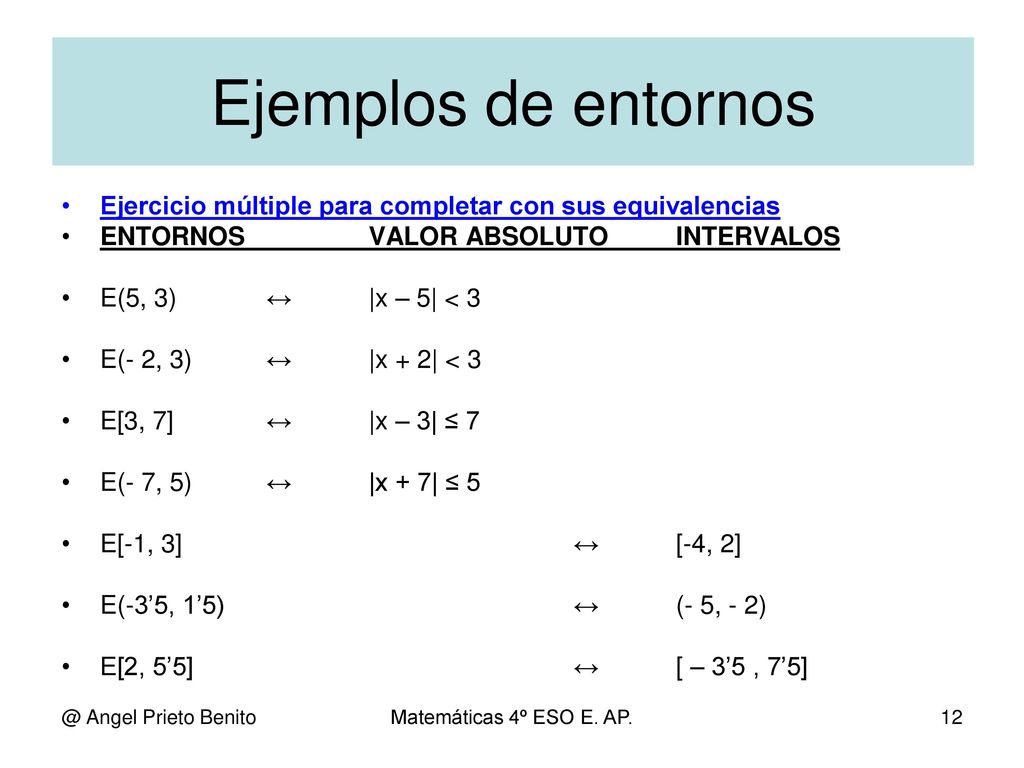 Ejemplos de entornos Ejercicio múltiple para completar con sus equivalencias. ENTORNOS VALOR ABSOLUTO INTERVALOS.