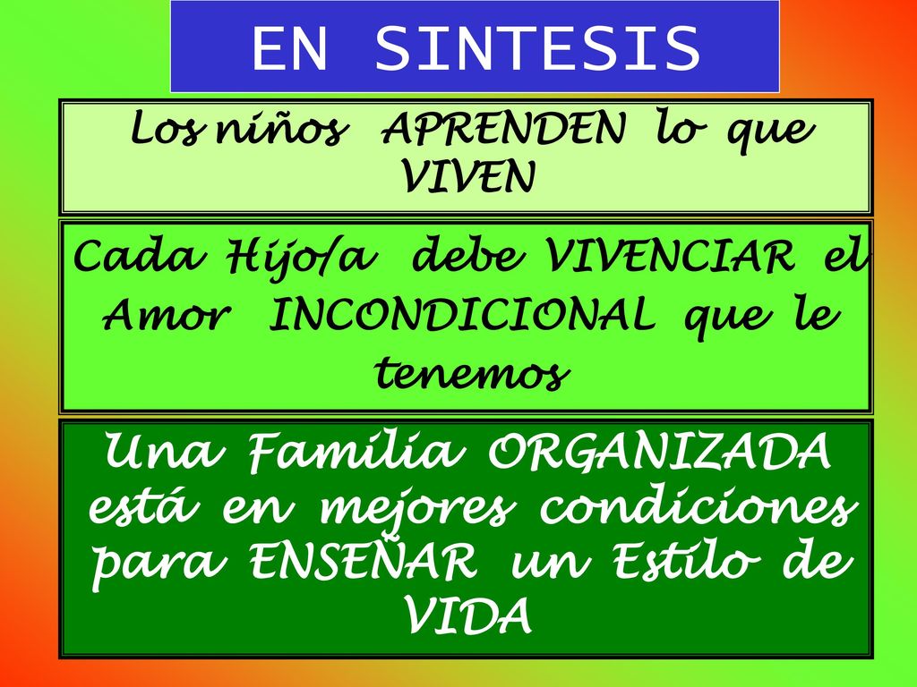 EN SINTESIS Los niños APRENDEN lo que VIVEN. Cada Hijo/a debe VIVENCIAR el Amor INCONDICIONAL que le tenemos.