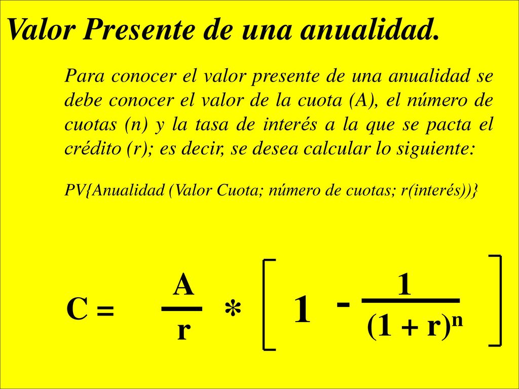 1 * Valor Presente de una anualidad. A 1 C = (1 + r)n r