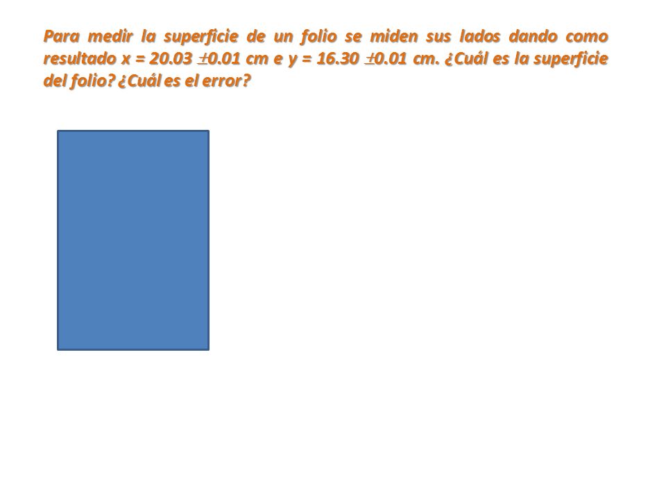 Para medir la superficie de un folio se miden sus lados dando como resultado x = 0.01 cm e y = 0.01 cm.