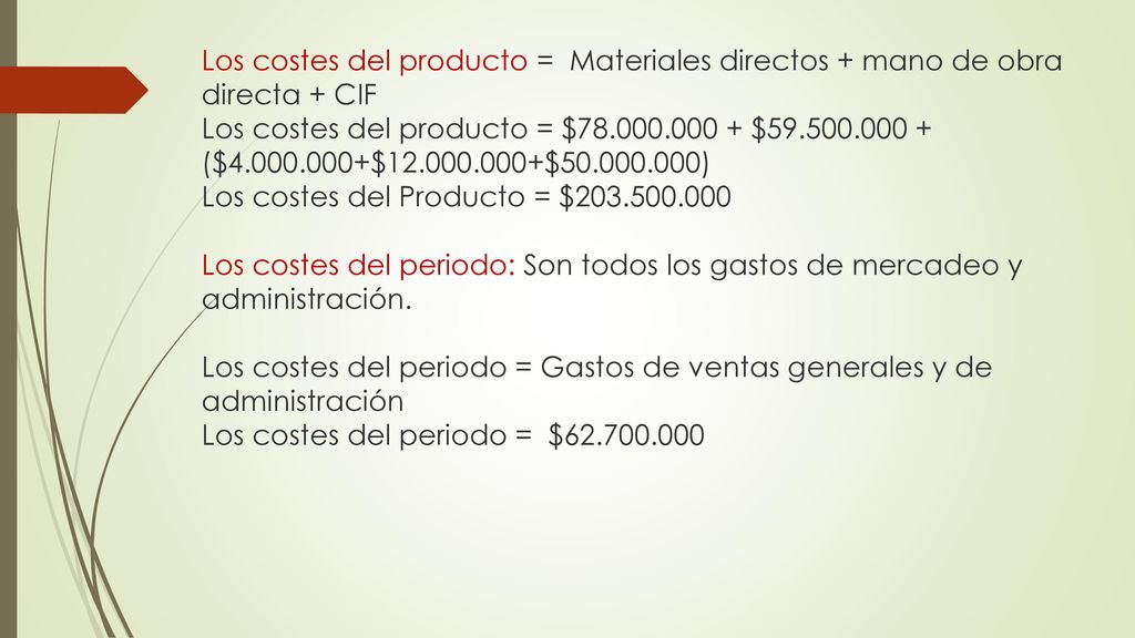 Los costes del producto = Materiales directos + mano de obra directa + CIF Los costes del producto = $ $ ($ $ $ ) Los costes del Producto = $ Los costes del periodo: Son todos los gastos de mercadeo y administración.