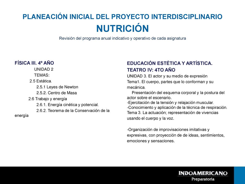 PLANEACIÓN INICIAL DEL PROYECTO INTERDISCIPLINARIO NUTRICIÓN Revisión del programa anual indicativo y operativo de cada asignatura