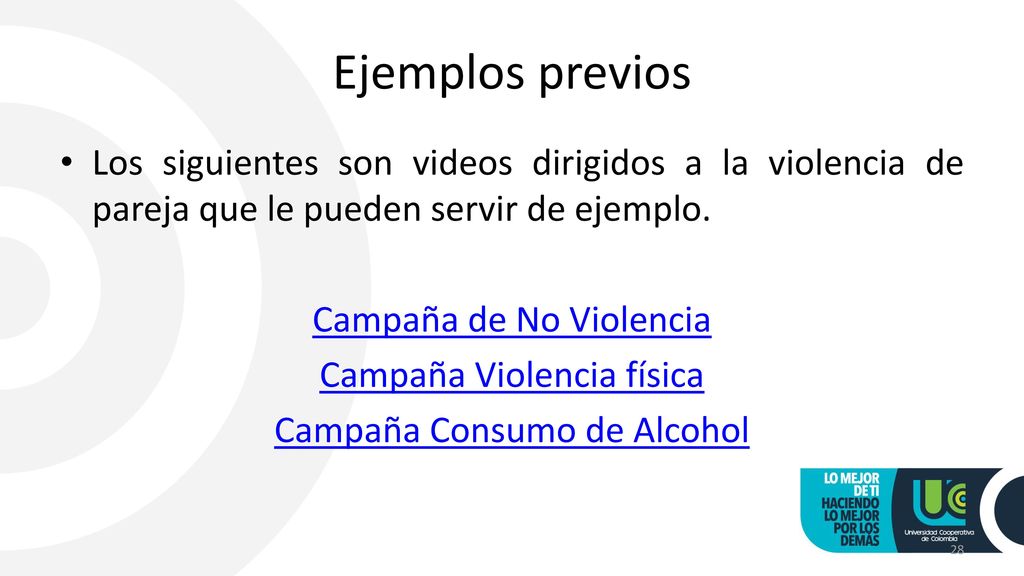 Ejemplos previos Los siguientes son videos dirigidos a la violencia de pareja que le pueden servir de ejemplo.