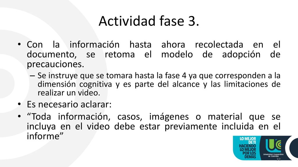Actividad fase 3. Con la información hasta ahora recolectada en el documento, se retoma el modelo de adopción de precauciones.