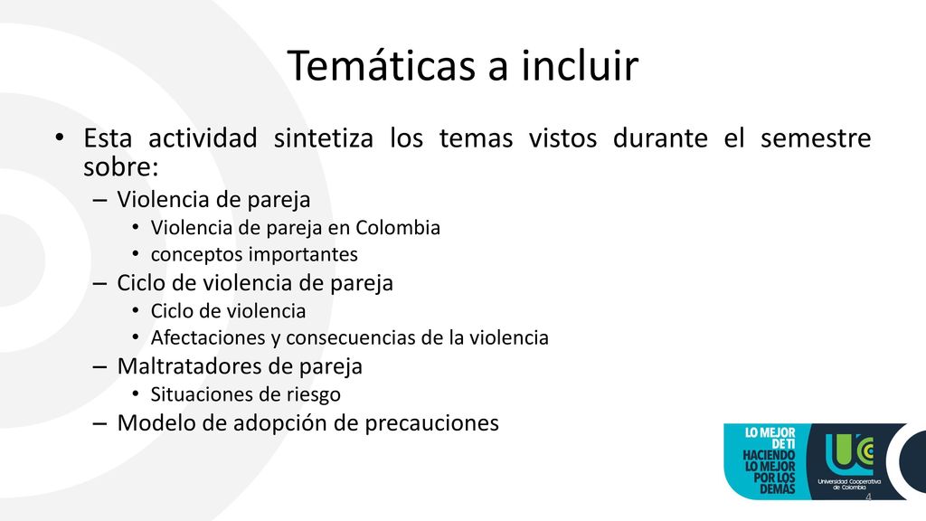 Temáticas a incluir Esta actividad sintetiza los temas vistos durante el semestre sobre: Violencia de pareja.