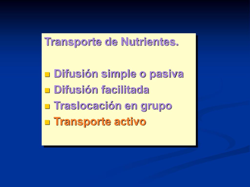 Transporte de Nutrientes. Difusión simple o pasiva Difusión facilitada