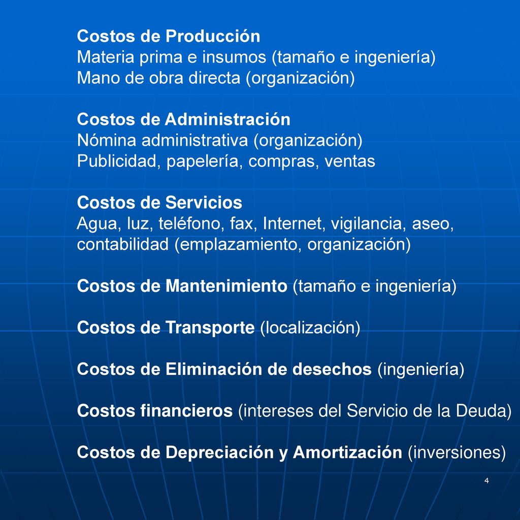 Costos de Producción Materia prima e insumos (tamaño e ingeniería) Mano de obra directa (organización)