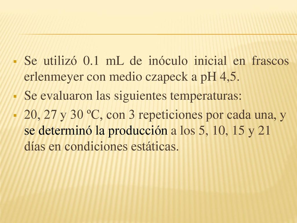 Se utilizó 0.1 mL de inóculo inicial en frascos erlenmeyer con medio czapeck a pH 4,5.