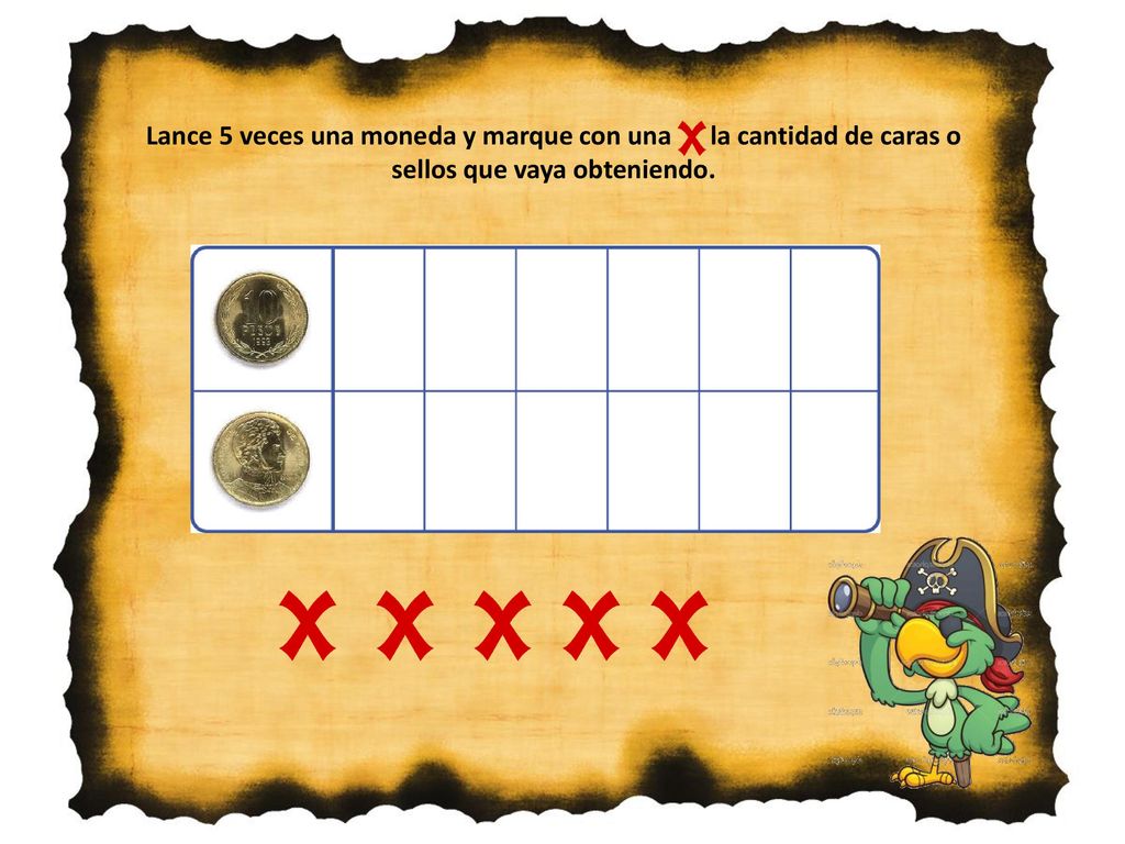 Lance 5 veces una moneda y marque con una la cantidad de caras o sellos que vaya obteniendo.