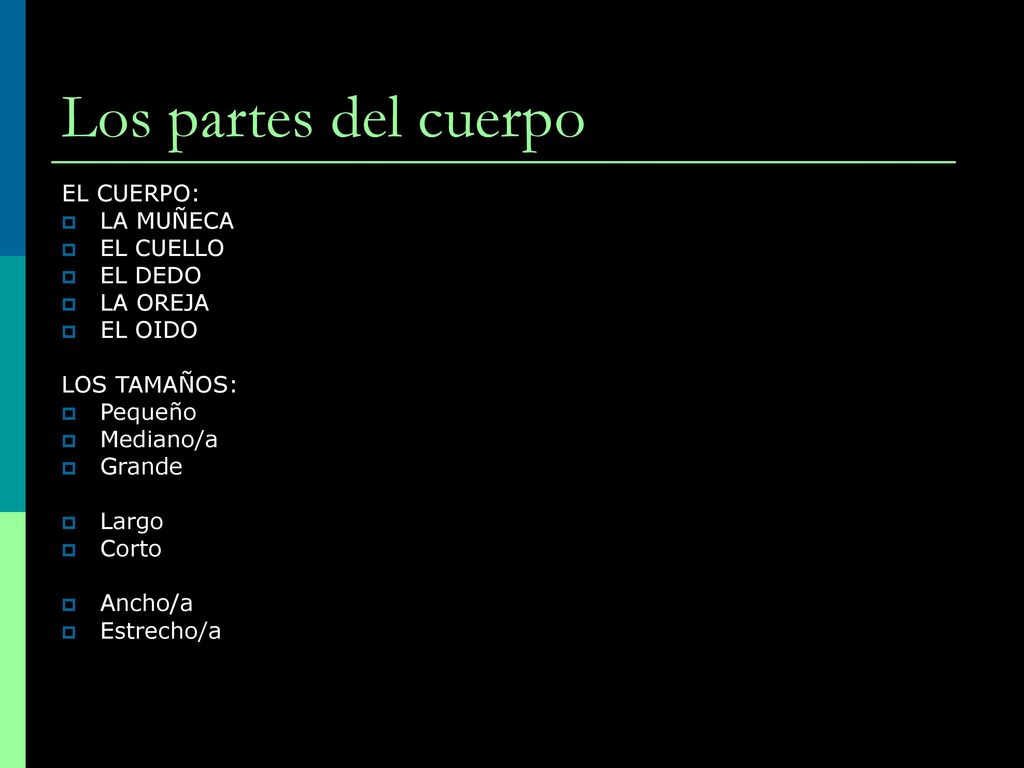 Los partes del cuerpo EL CUERPO: LA MUÑECA EL CUELLO EL DEDO LA OREJA