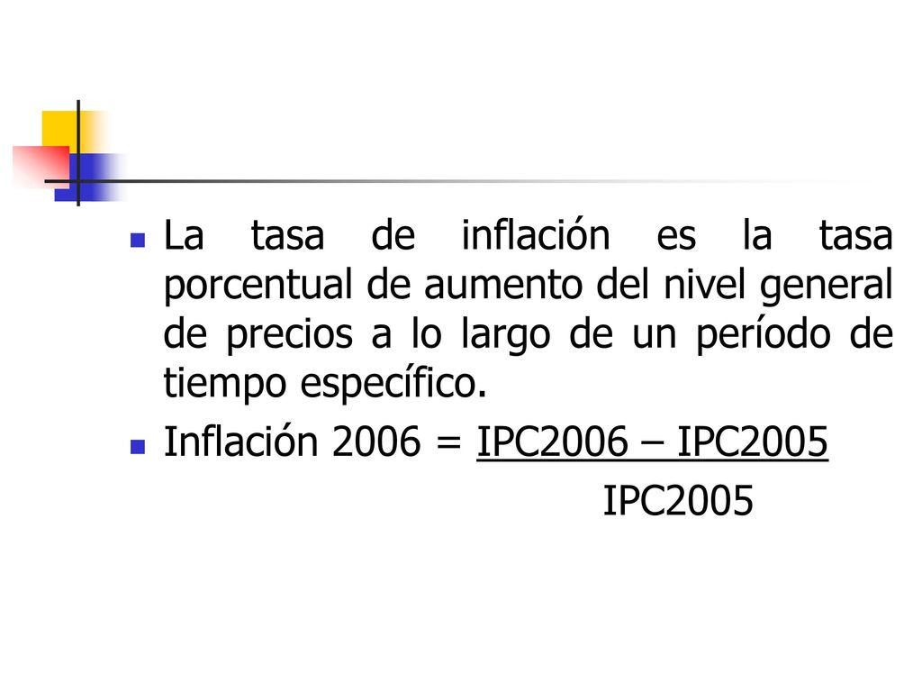 La tasa de inflación es la tasa porcentual de aumento del nivel general de precios a lo largo de un período de tiempo específico.