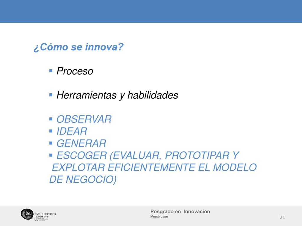 ¿Cómo se innova Proceso. Herramientas y habilidades. OBSERVAR. IDEAR. GENERAR. ESCOGER (EVALUAR, PROTOTIPAR Y.