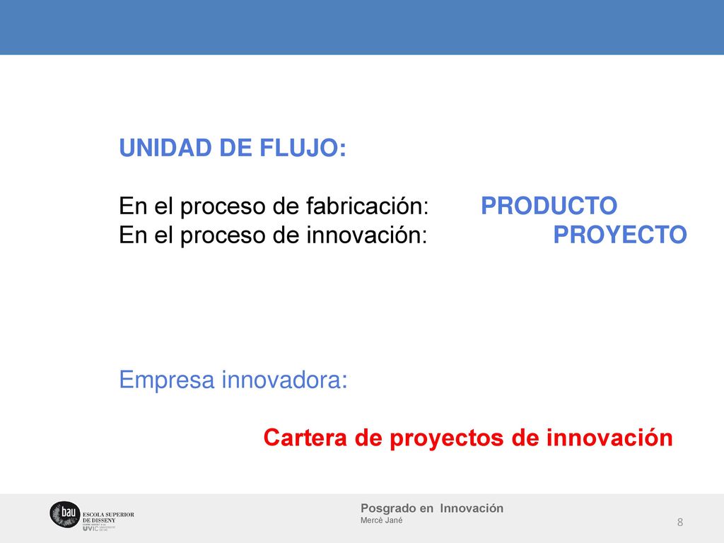 UNIDAD DE FLUJO: En el proceso de fabricación: PRODUCTO. En el proceso de innovación: PROYECTO.