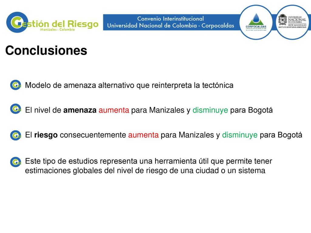 Conclusiones Modelo de amenaza alternativo que reinterpreta la tectónica. El nivel de amenaza aumenta para Manizales y disminuye para Bogotá.
