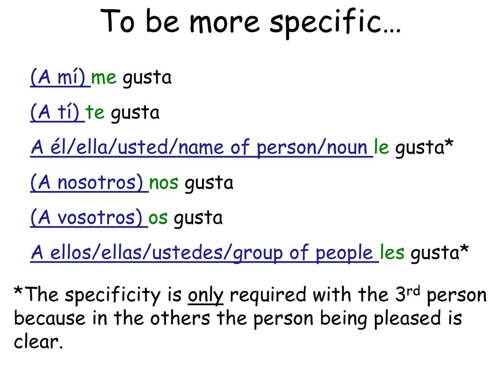 To be more specific… (A mí) me gusta (A tí) te gusta